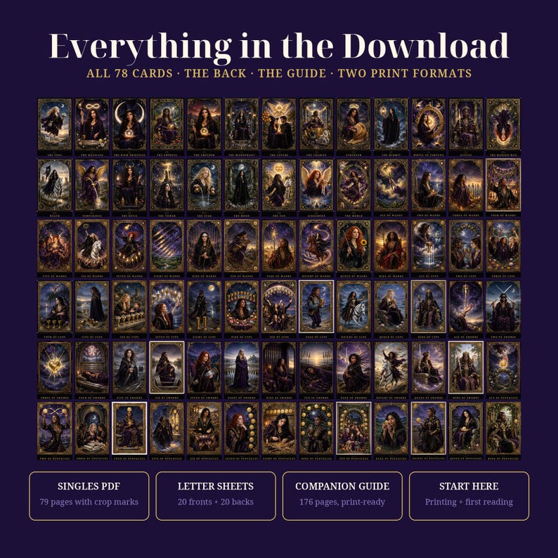 May include: A digital download set featuring 78 tarot cards with dark, ornate gold-bordered illustrations, a companion guide, and two print formats. The text reads: Everything in the Download, All 78 Cards, The Back, The Guide, Two Print Formats.