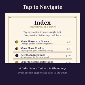 Pode incluir: Uma p&aacute;gina de &iacute;ndice de di&aacute;rio digital com fundo creme e texto escuro. Apresenta o t&iacute;tulo Index, Your journal at a glance, e uma lista de se&ccedil;&otilde;es incluindo Moon Phases at a Glance, Moon Phase Tracker e New Moon Intentions.