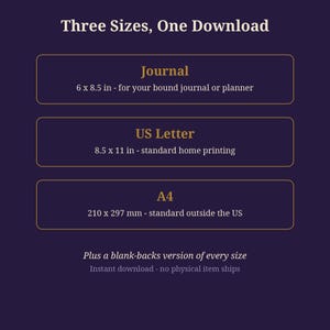 May include: A dark purple graphic with the text Three Sizes, One Download. It lists three options: Journal 6 x 8.5 in, US Letter 8.5 x 11 in, and A4 210 x 297 mm. It also includes the text Plus a blank-backs version of every size.