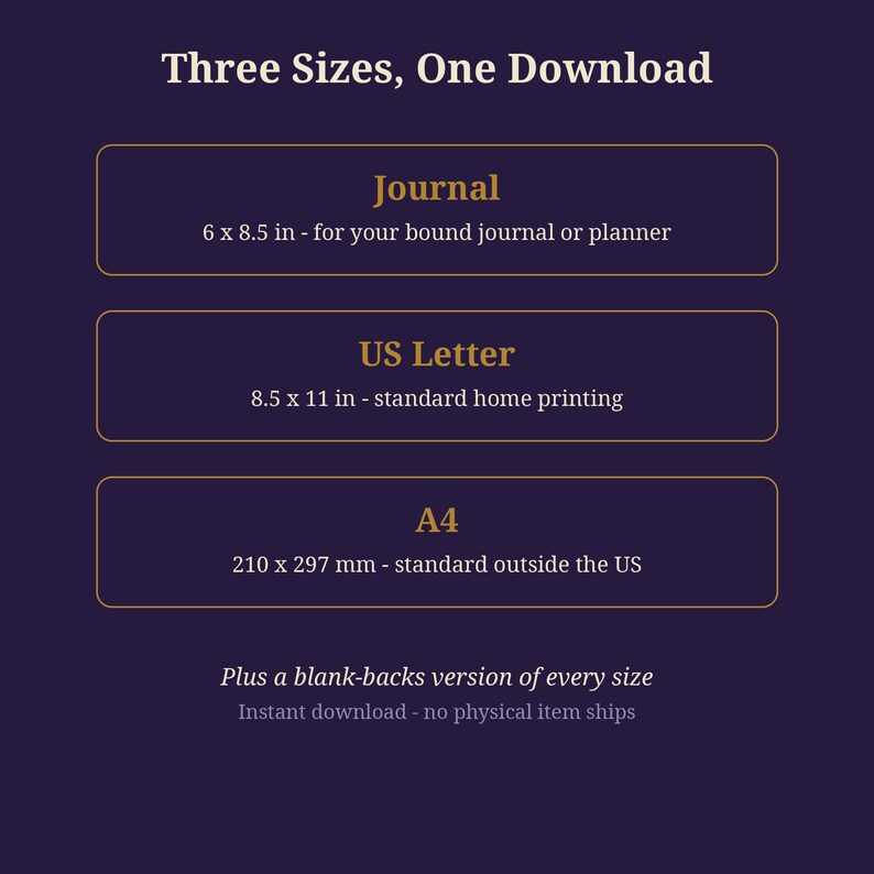 May include: A dark purple graphic with the text Three Sizes, One Download. It lists three options: Journal 6 x 8.5 in, US Letter 8.5 x 11 in, and A4 210 x 297 mm. It also includes the text Plus a blank-backs version of every size.