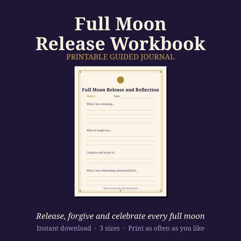 Werkboek voor het loslaten bij volle maan | Printbare maandagboekpagina's | Werkblad voor loslaten en dankbaarheid | Heksenplanner (pdf) | Grimoirepagina's afbeelding 1