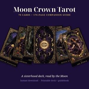 Utskrivbar tarotlek med månkrona | 78 kort + 176-sidig guidebok | Celestial Witchy Tarot PDF | Skriv ut tarotleken hemma