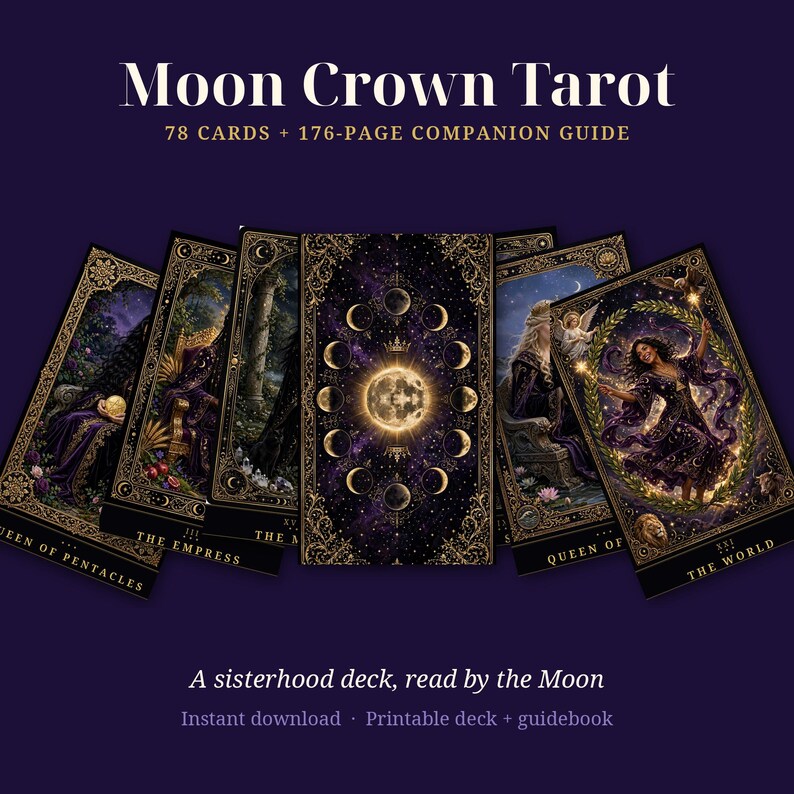 May include: Moon Crown Tarot deck featuring 78 cards and a 176-page companion guide. The image displays several tarot cards with gold-trimmed borders, dark purple backgrounds, and intricate illustrations, including The World and The Empress.