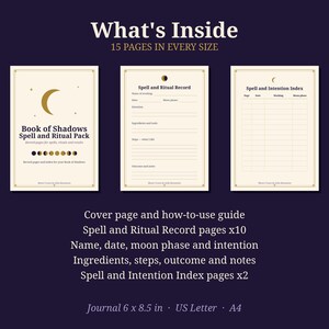 May include: A Book of Shadows Spell and Ritual Pack featuring three cream-colored pages with gold moon graphics and dark text. Includes a cover page, Spell and Ritual Record pages with fields for ingredients and steps, and a Spell and Intention Index.