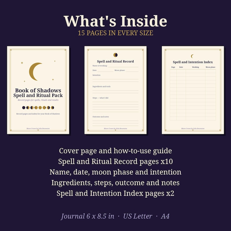 May include: A Book of Shadows Spell and Ritual Pack featuring three cream-colored pages with gold moon graphics and dark text. Includes a cover page, Spell and Ritual Record pages with fields for ingredients and steps, and a Spell and Intention Index.