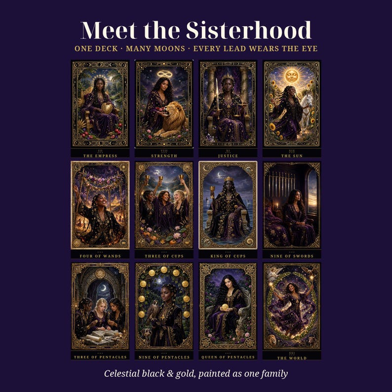 May include: A tarot deck titled Meet the Sisterhood featuring twelve cards with black and gold borders. Each card displays a unique illustration of figures in dark purple and gold attire. The text reads Meet the Sisterhood, One Deck, Many Moons, Every Lead Wears The Eye, and Celestial black & gold, painted as one family.