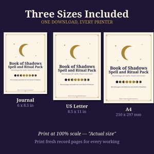 May include: Three digital document templates titled Book of Shadows Spell and Ritual Pack, featuring a gold crescent moon and star graphic. Sizes include 6 by 8.5 inches, 8.5 by 11 inches, and 210 by 297 millimeters on a cream background.