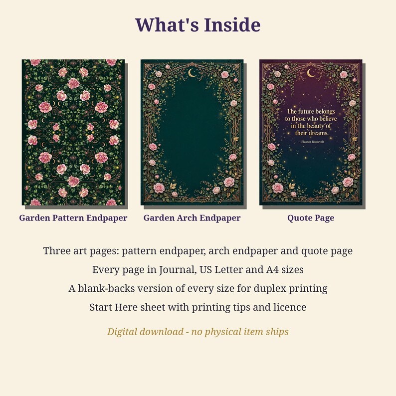May include: Three digital art pages featuring a garden pattern endpaper, a garden arch endpaper, and a quote page with the text: The future belongs to those who believe in the beauty of their dreams. Eleanor Roosevelt. Includes printing tips.