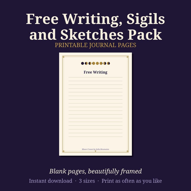 Gratis paket med skrivande, sigill och skisser | Linjerade och prickade dagbokssidor utskrivbara | Häxig Grimoire PDF | Skuggornas bok bild 1