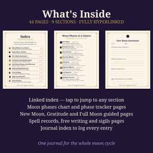 Pode incluir: Um di&aacute;rio digital com 44 p&aacute;ginas e 9 se&ccedil;&otilde;es, apresentando um &iacute;ndice com hiperlinks, um gr&aacute;fico das fases da lua e p&aacute;ginas guiadas para inten&ccedil;&otilde;es da Lua Nova, gratid&atilde;o, Lua Cheia, registros de feiti&ccedil;os, escrita livre e sigilos.