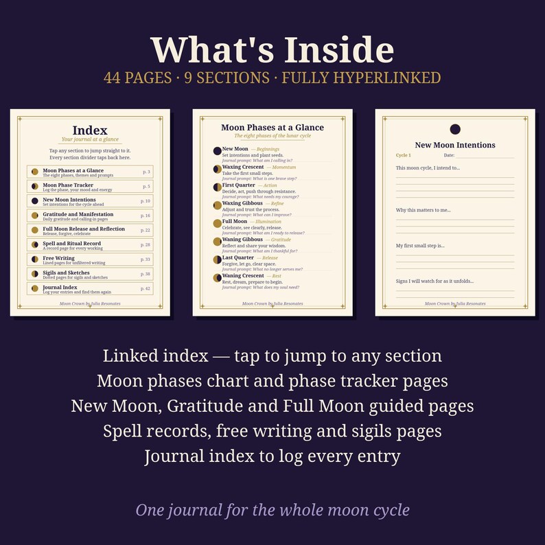 Pode incluir: Um di&aacute;rio digital com 44 p&aacute;ginas e 9 se&ccedil;&otilde;es, apresentando um &iacute;ndice com hiperlinks, um gr&aacute;fico das fases da lua e p&aacute;ginas guiadas para inten&ccedil;&otilde;es da Lua Nova, gratid&atilde;o, Lua Cheia, registros de feiti&ccedil;os, escrita livre e sigilos.