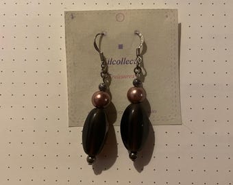 Elegant Handmade Mauve Pearl and Black Oval Drop Earrings, 2-Inch Dangle Statement Earrings