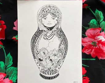 Polish Dancer Nesting Doll Ink Drawing