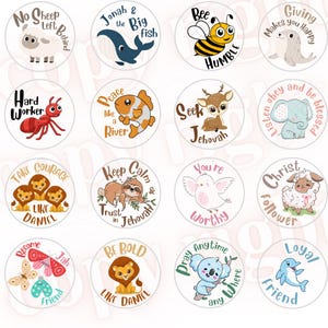 Op de afbeelding: Twaalf kleurrijke ronde stickers met dierillustraties en inspirerende citaten. Elke sticker toont een ander dier, zoals een schaap, een walvis, een bij, een hert, een olifant, een luiaard, een vogel, een leeuw, een koala en een dolfijn. De citaten omvatten zinnen als "No Sheep Left Behind", "Jonah & the Big Fish", "Bee Humble", "Seek Jehovah", "Keep Calm & Trust in Jehovah", "You're Worthy", "Pray Anytime Anywhere", "Become Jah Friend", "Be Bold Like Daniel", "Take Courage Like Daniel", "Giving Makes You Happy", "Listen, Obey and Be Blessed", "Christ Follower", and "Loyal Friend".