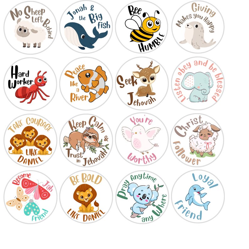 May include: A set of 16 colorful round stickers with various animal illustrations and inspirational messages. The stickers feature animals like a bee, a sloth, a lion, a butterfly, a dolphin, a koala, a deer, a fish, a whale, an ant, a sheep, a bird, and an elephant. The messages include "Seek Jehovah", "Be Bold", "You're Worthy", "Take Courage", "Keep Calm", "Peace Like a River", "Hard Worker", "No Sheep Left Behind", "Giving Makes You Happy", "Listen and Be Blessed", "Christ Follower", "Become a Jah Friend", "Pray Anytime Anywhere", "Loyal Friend", "Jonah & the Big Fish", and "Bee Humble".