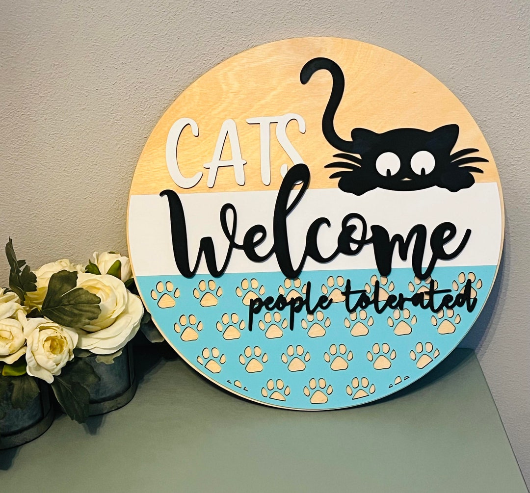 thumbnail interactive-video image 1 of 'Cats Welcome People Tolerated' Metal Novelty Plaque – Shabby Chic Birch Sign – Fcp82 1 of 2