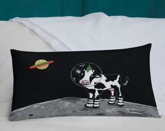 Space Cow Moon Landing  Art Print Premium Pillow