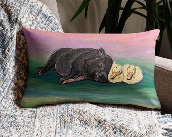Pig and Duck Friends Pillow: Acrylic Painting Print