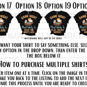 May include: Four black t-shirts with a white graphic of a cat playing a board game. Each shirt has a different text: "Most Likely To Get Loud", "Most Likely To Have The Most Luck", "Most Likely To Play. Relax. Repeat.", and "Most Likely To Host Game Night".