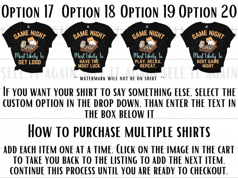 May include: Four black t-shirts with a white graphic of a cat playing a board game. Each shirt has a different text: "Most Likely To Get Loud", "Most Likely To Have The Most Luck", "Most Likely To Play. Relax. Repeat.", and "Most Likely To Host Game Night".