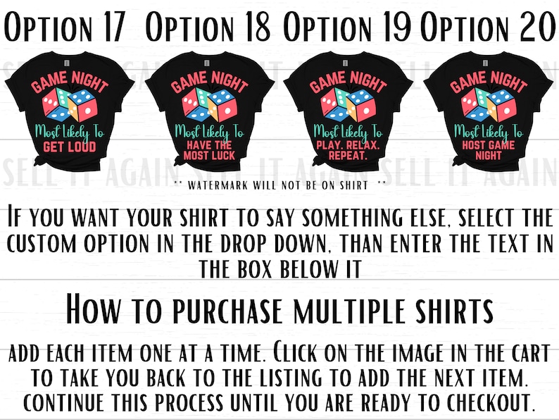 May include: Four black t-shirts with white text and colorful dice graphics. The text on the shirts reads "Game Night" and "Most Likely To" followed by a different phrase on each shirt. The phrases are "Get Loud", "Have the Most Luck", "Play. Relax. Repeat.", and "Host Game Night".