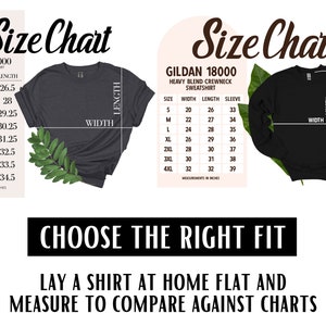 May include: Size chart for Gildan 64000 Unisex Softstyle T-Shirt and Gildan 18000 Heavy Blend Crewneck Sweatshirt. The chart shows measurements in inches for width, length, and sleeve length for sizes XS to 4XL.