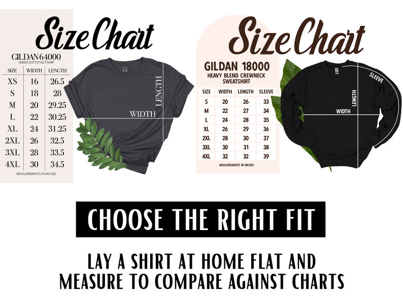 May include: Size chart for Gildan 64000 Unisex Softstyle T-Shirt and Gildan 18000 Heavy Blend Crewneck Sweatshirt. The chart shows measurements in inches for width, length, and sleeve length for sizes XS to 4XL.