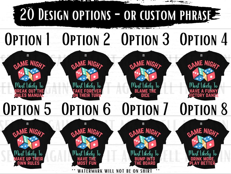 May include: A set of 8 game night t-shirt designs featuring a dice graphic and the text "Game Night" and "Most Likely To..." with different phrases for each design.  The shirts are black with pink, blue, and yellow accents.