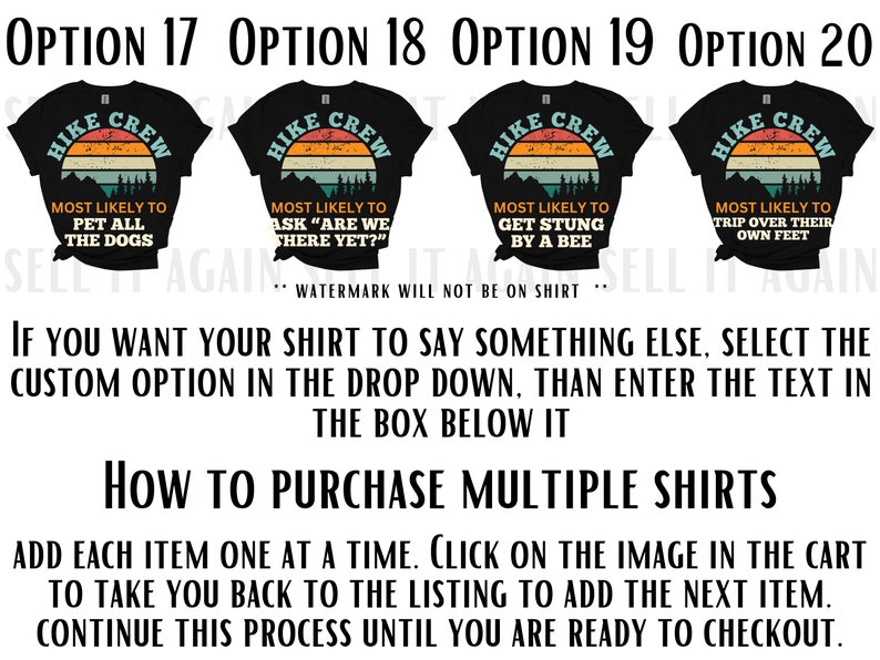 May include: Four black t-shirts with a retro-style graphic of a mountain range and the text "HIKE CREW". Each shirt has a different slogan: "Most likely to pet all the dogs", "Most likely to ask "Are we there yet?", "Most likely to get stung by a bee", and "Most likely to trip over their own feet".