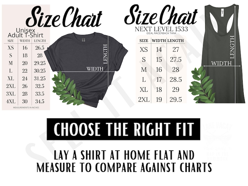 Pu&ograve; includere: Tabella delle taglie per t-shirt unisex per adulti e canottiere con schienale a V. La tabella mostra le misure in pollici per larghezza e lunghezza per le taglie XS a 4XL.