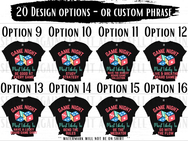 May include: A set of 10 black t-shirt designs featuring a dice graphic and the text "Game Night" with different phrases about board games. The text "Most Likely To" is included in each design.