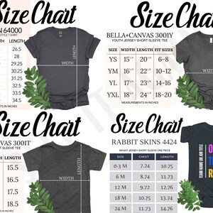 May include: Size chart for Gildan 64000 unisex softstyle t-shirt, Bella + Canvas 3001Y youth jersey short sleeve tee, Bella + Canvas 3001T toddler short sleeve tee, and Rabbit Skins 4424 infant jersey short sleeve one piece. The chart shows width and length measurements in inches for each size.