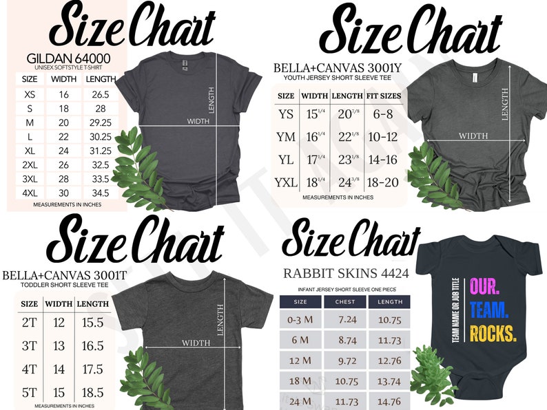 May include: Size chart for Gildan 64000 unisex softstyle t-shirt, Bella + Canvas 3001Y youth jersey short sleeve tee, Bella + Canvas 3001T toddler short sleeve tee, and Rabbit Skins 4424 infant jersey short sleeve one piece. The chart shows width and length measurements in inches for each size.