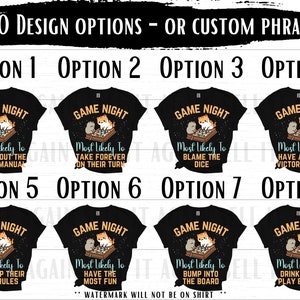 May include: A set of 8 black t-shirts with a game night theme. Each shirt features a cartoon cat and mouse playing a board game with text that says "Game Night" and "Most Likely To..." followed by a funny game night scenario.