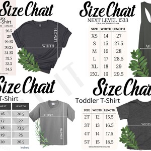 May include: Size chart for unisex adult t-shirts, youth t-shirts, and toddler t-shirts. The chart shows measurements in inches for width, length, and chest.
