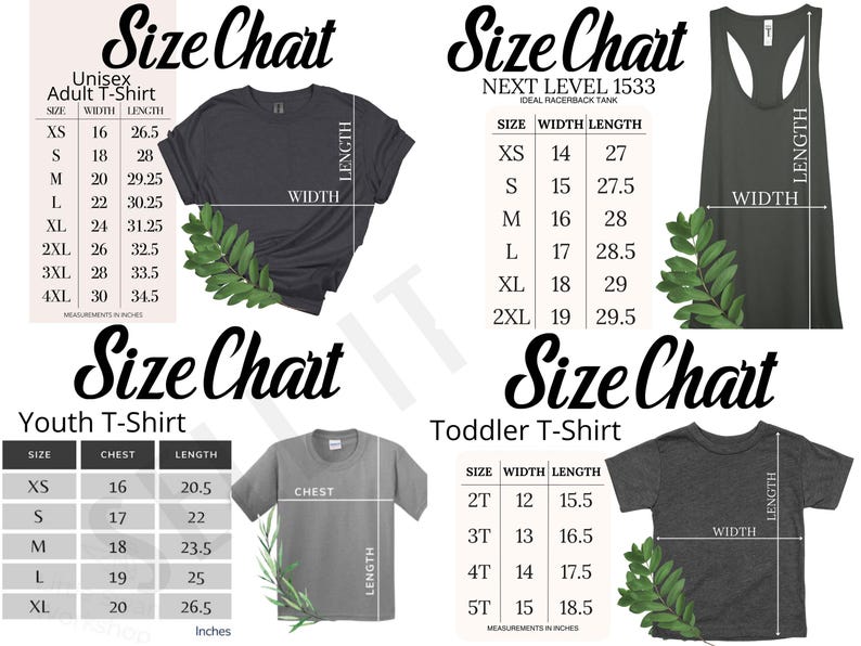 May include: Size chart for unisex adult t-shirts, youth t-shirts, and toddler t-shirts. The chart shows measurements in inches for width, length, and chest.