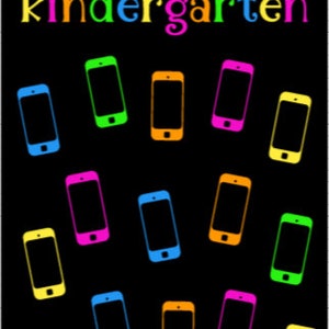 May include: A black background with the text "OH, SNAP!" in rainbow colors. A camera icon is below the text. The text "LOOK WHO'S IN kindergarten" is below the camera icon. The background is filled with colorful phone icons.