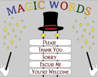 Op de afbeelding: Een poster met de woorden "MAGIC WORDS" in regenboogkleuren boven een zwarte hoge hoed met een rode band. De hoed is omringd door gele sterren. Onder de hoed bevinden zich vijf witte borden met de woorden "PLEASE", "THANK YOU", "SORRY", "EXCUSE ME" en "YOU'RE WELCOME" in rood. Twee zwarte toverstokken met witte handen die ze vasthouden bevinden zich aan beide kanten van de borden.