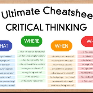 May include: A colorful infographic titled "The Ultimate Cheatsheet for Critical Thinking" with six sections: Who, What, Where, When, Why, and How. Each section contains a list of questions to help you think critically about a situation.