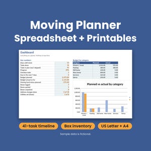 Moving Planner Spreadsheet xlsx, Moving Checklist and Timeline, Moving Budget, Box Inventory, First Home Planner, Printable PDF Pack