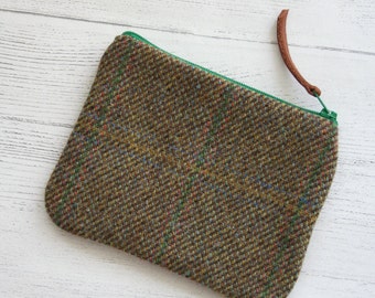 Green, blue and yellow tweed zipped coin purse / change purse / card purse