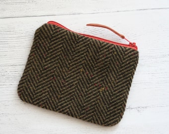 Green and black tweed zipped coin purse / change purse / card purse