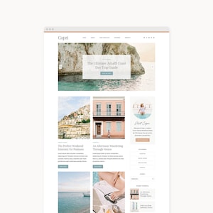 May include: A website layout titled Capri featuring a hero image of a rocky coastline, followed by blog post previews with images of coastal architecture, a circular profile photo, and text sections including The Ultimate Amalfi Coast Day Trip Guide.