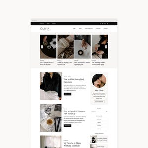 Könnte beinhalten: Ein Website-Homepage-Layout mit dem Titel OLIVIA, das ein Navigationsmenü, einen Slider mit vier Bildblöcken und einen Blog-Feed enthält. Der Inhalt umfasst Artikeltitel wie The Capsule Pieces I Wear on Repeat, How to Make Basics Feel Expensive und How to Spend 48 Hours in New York City sowie einen Meet Olivia-Profilbereich.