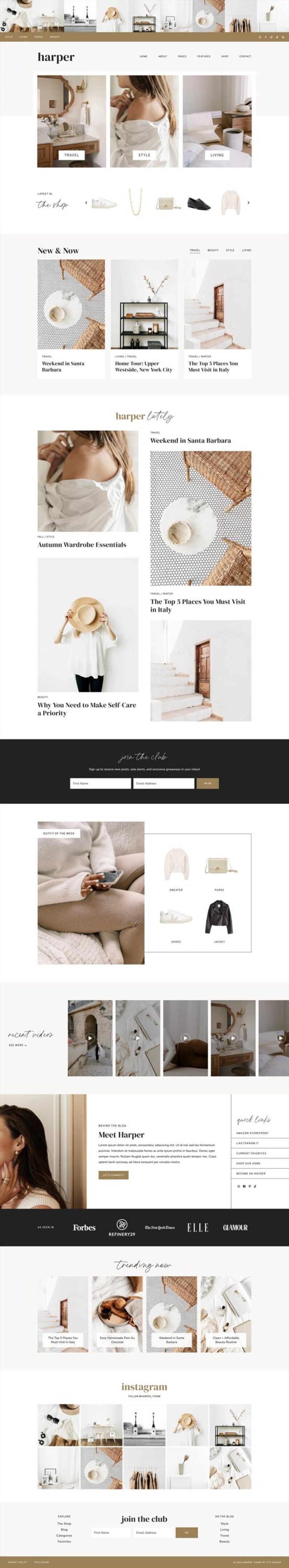 Puede incluir: P&aacute;gina de inicio del sitio web "harper", con secciones sobre estilo, vida, viajes y belleza. El sitio presenta art&iacute;culos y productos, centr&aacute;ndose en el estilo de vida y la moda.