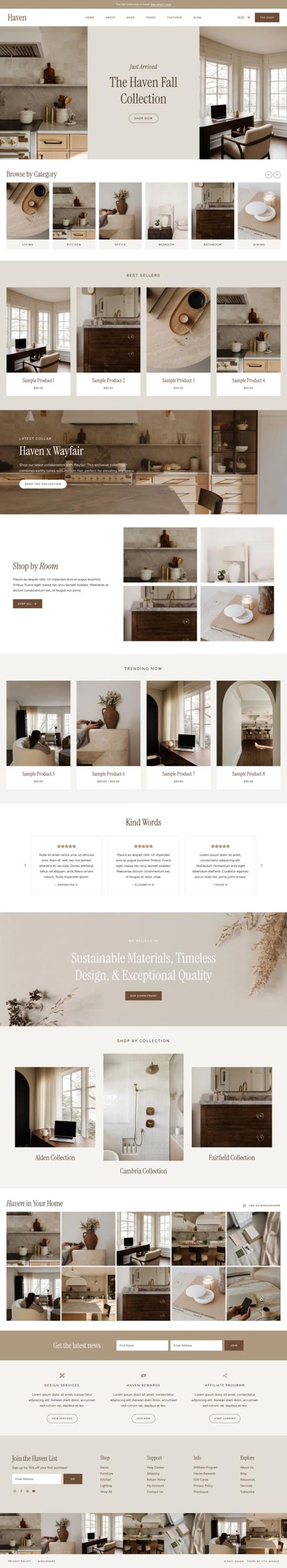 Pu&ograve; includere: Homepage del sito web Haven, che presenta la Collezione Autunno. Include categorie di prodotti, bestseller e una collaborazione con Wayfair. Il design enfatizza materiali sostenibili e design senza tempo.