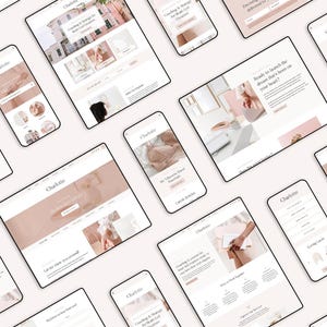 May include: A collection of digital devices, including smartphones and tablets, displaying a website interface with a soft, neutral color palette. The website features the name "Charlotte" and various images and text layouts.