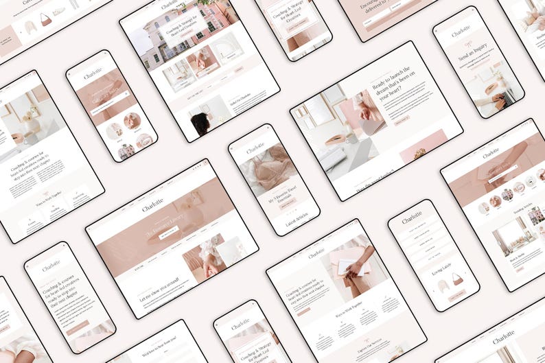 May include: A collection of digital devices, including smartphones and tablets, displaying a website interface with a soft, neutral color palette. The website features the name "Charlotte" and various images and text layouts.
