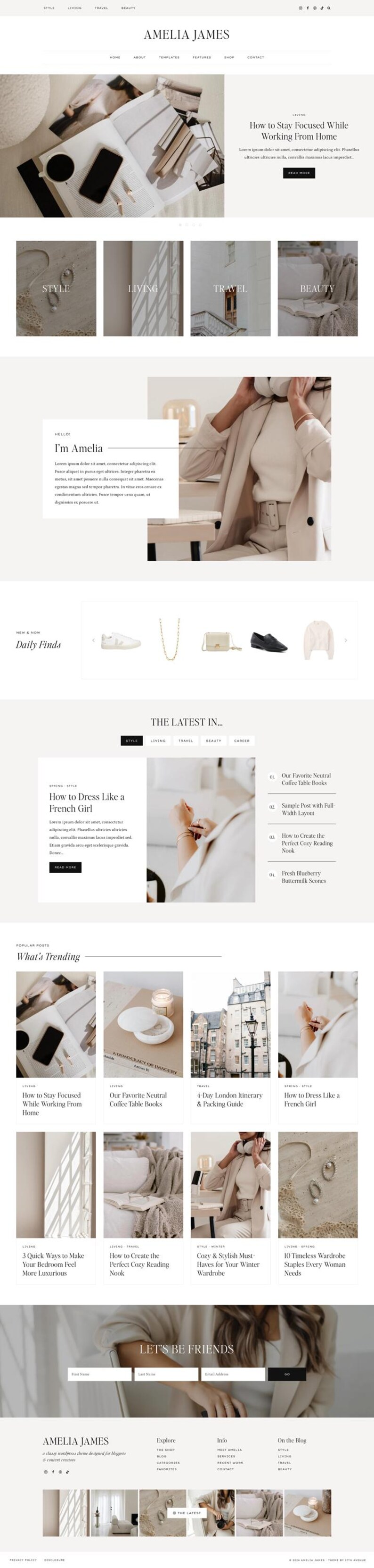 May include: A website homepage with the text "AMELIA JAMES" at the top. The page features sections on style, living, travel, and beauty, with articles on working from home and French girl style.