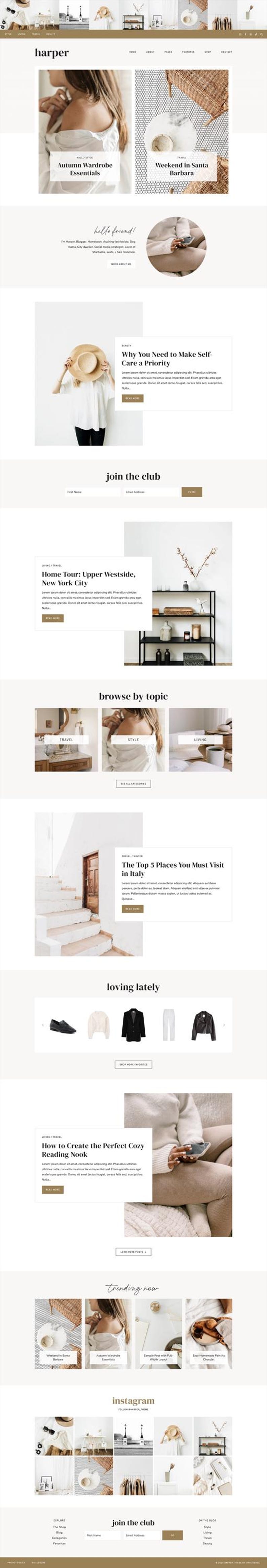 Puede incluir: P&aacute;gina de inicio de un sitio web con una paleta de colores neutros. El encabezado incluye la palabra "harper" y enlaces de navegaci&oacute;n. El contenido destacado incluye art&iacute;culos sobre elementos esenciales del guardarropa, cuidado personal y recorridos por casas. Tambi&eacute;n hay secciones para explorar temas e Instagram.